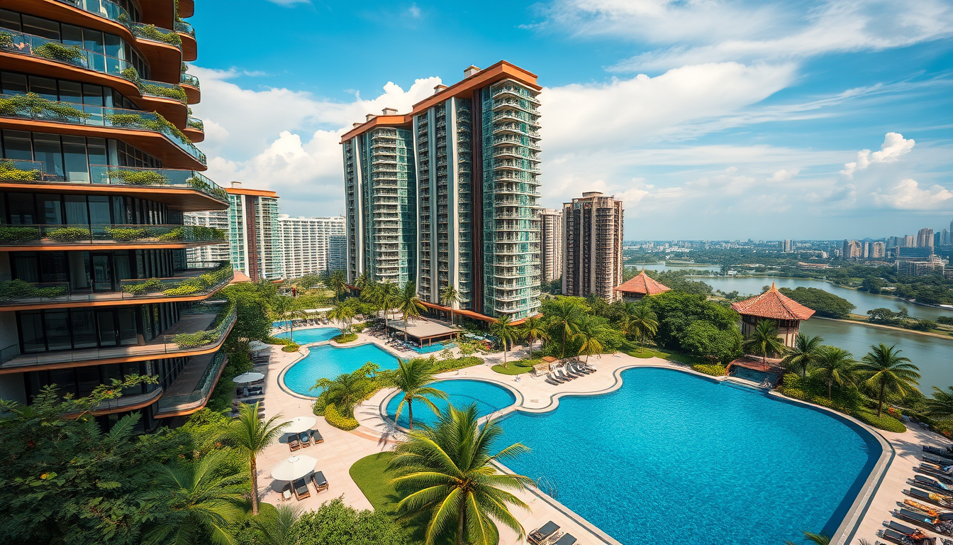Jurong East EC architectural towers, resort lagoon and landscape
